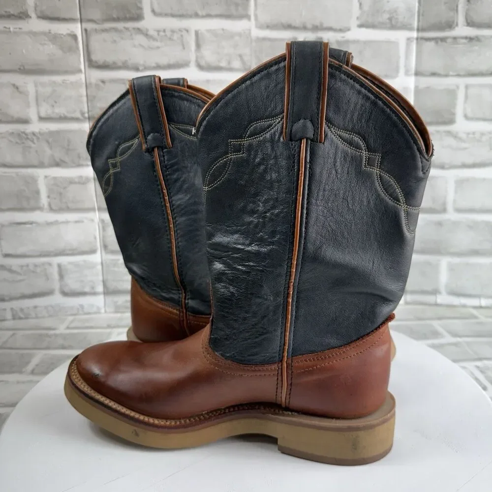 Laredo Vintage Men's 8.5 Brown and Blue Leather Pull On Cowboy Western Boots